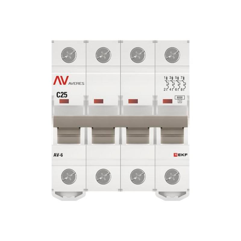 Выключатель автоматический четырехполюсный AV-6 25А C 6кА AVERES | mcb6-4-25C-av | EKF
