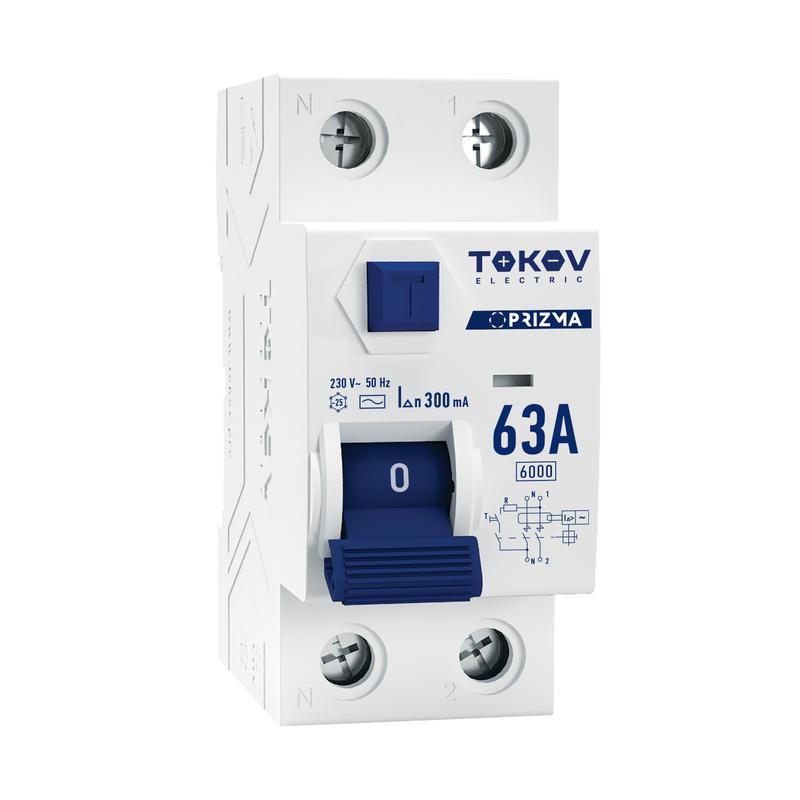 Выключатель дифференциального тока (УЗО) 2п (1P+N) 63А 300мА тип AC 6кА PRIZMA TOKOV ELECTRIC TKE-PZ60-RCDM-2-63-300-AC