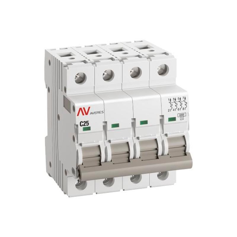 Выключатель автоматический четырехполюсный AV-6 25А C 6кА AVERES | mcb6-4-25C-av | EKF