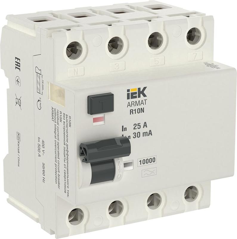 Выключатель дифференциальный (УЗО) R10N 4P 25А 30мА тип A ARMAT | AR-R10N-4-025A030 | IEK