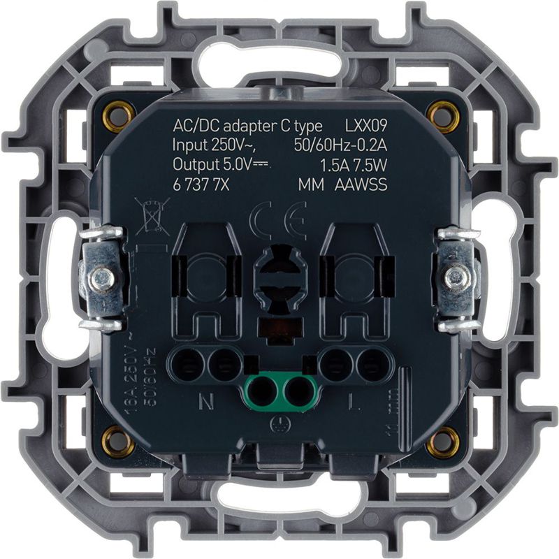 Розетка 1-м СП Inspiria 16А IP20 250В 2P+E немецк. стандарт с заряд. устройством USB тип C 1.5А 5В механизм алюм. IEK 673772