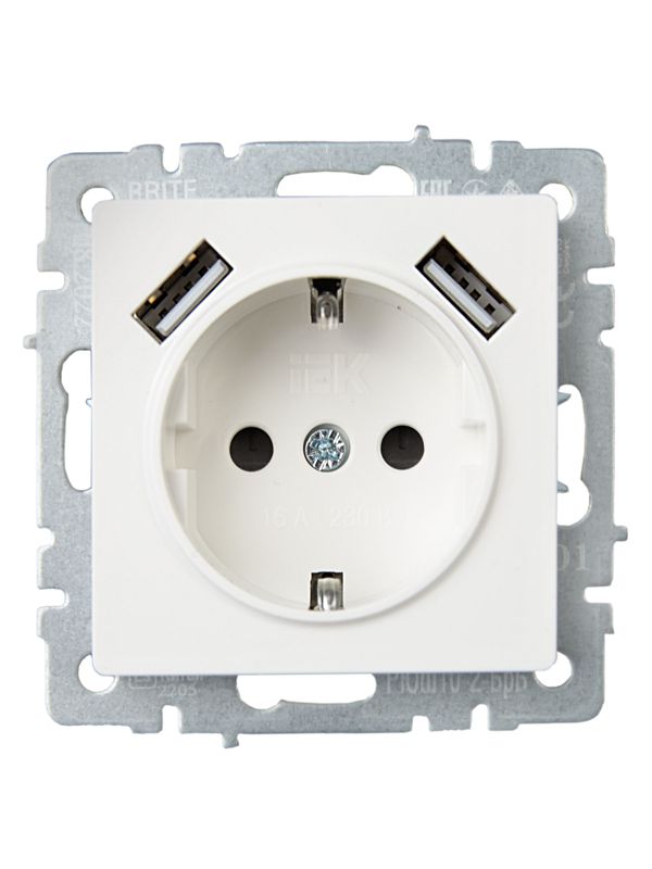 Розетка BRITE РЮш10-2-БрБ 16А с USB A+A 3.1А с заземл. защ. шторки механизм бел. IEK BR-R14-16-U21-D31-K01