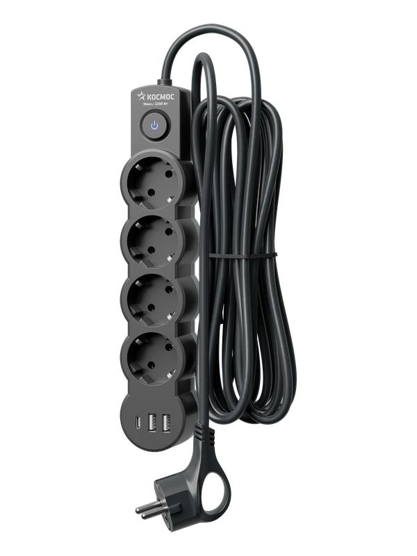 Удлинитель 3х3м с заземл. 10А IP20 USB 2500Вт 220В ПВС 3х1 с выкл. черн. КОСМОС YKsm3m4g-Z-VU10А-B