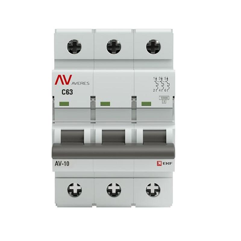Выключатель автоматический трехполюсный AV-10 63А C 10кА AVERES | mcb10-3-63C-av | EKF