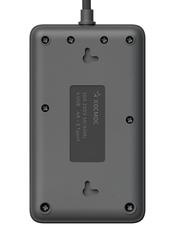 Удлинитель с сетевым фильтром 3х1.5м 10А 4USB + 2USBC 2500Вт ПВС 3х1 прямоуг. черн. КОСМОС FKsm1.5m-3gPF(B)USB