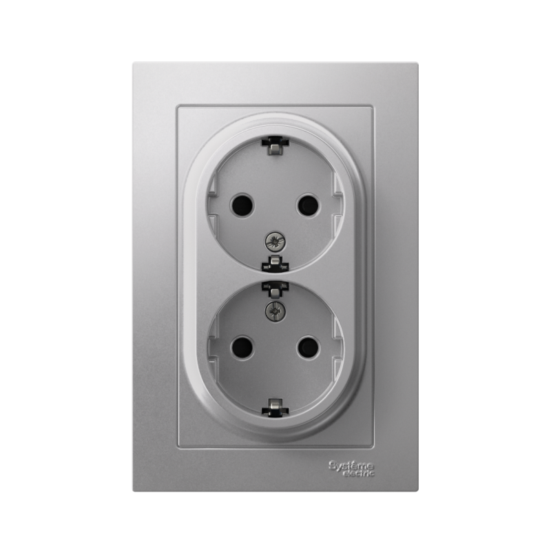 Розетка 2-м СП AtlasDesign 16А IP20 с заземл. защ. шторки в сборе алюм. SE ATN000326
