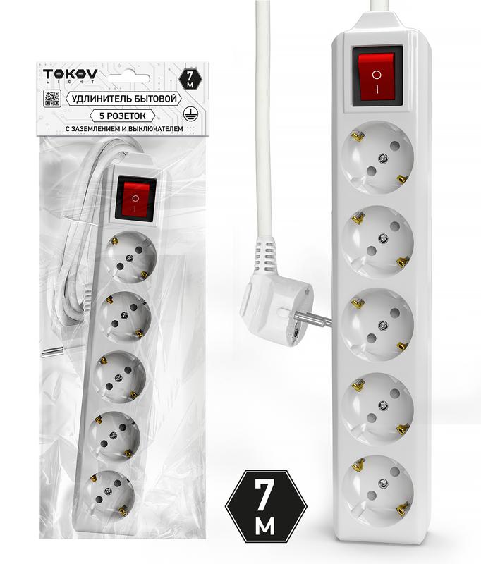Удлинитель 5х7м с заземл. с выкл. 10А 3х1.5 TOKOV ELECTRIC TKL-C01-BU5-7-1.5-ZV