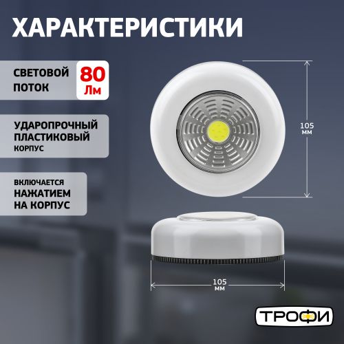 Фонарь светодиодный подсветка SB-101 пушлайт (СОВ 3хААА 1шт в пак.) бел. Трофи Б0052747