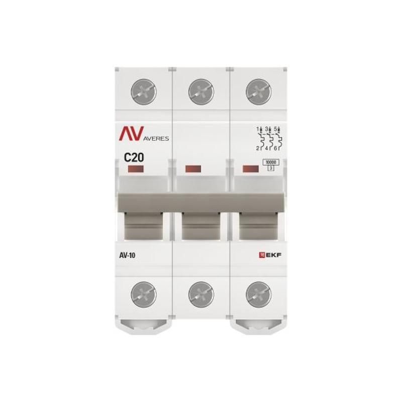 Выключатель автоматический трехполюсный AV-10 20А C 10кА AVERES | mcb10-3-20C-av | EKF