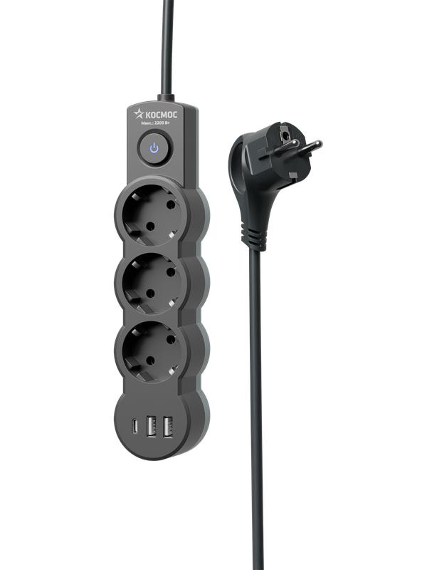 Удлинитель 3х3м с заземл. 10А IP20 USB 2800Вт 220В ПВС 3х1 с выкл. черн. КОСМОС YKsm3m3g-Z-VU10А-B
