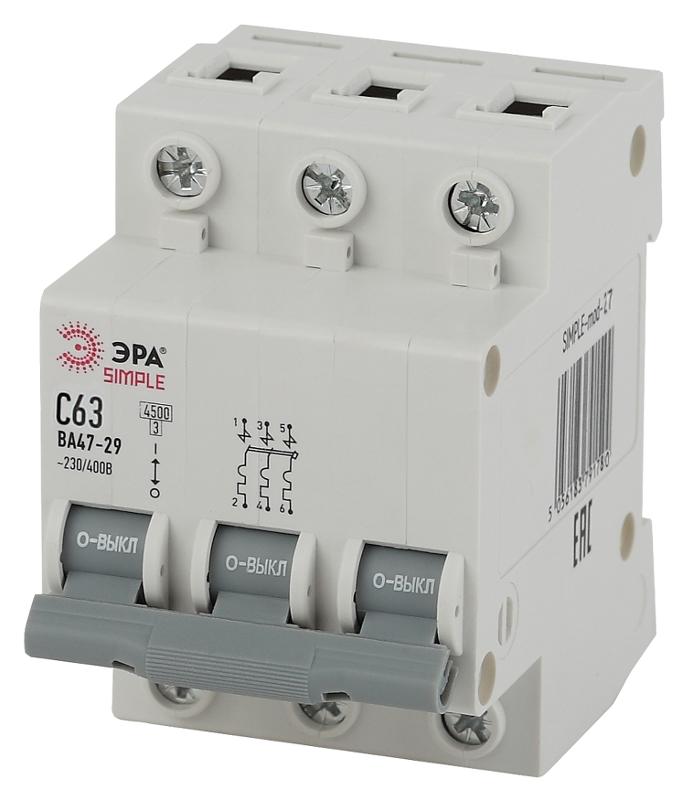 Выключатель автоматический трехполюсный SIMPLE-mod-27 ВА47-29 3P 63А 4,5кА характеристика C SIMPLE | Б0039244 | ЭРА