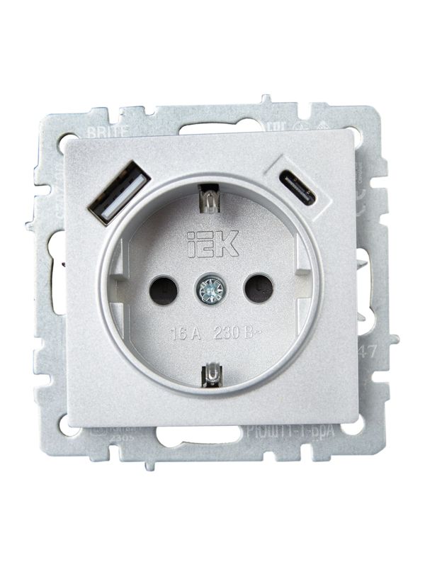 Розетка BRITE РЮш11-1-БрА 16А с USB A+C 18Вт с заземл. защ. шторки механизм алюм. IEK BR-R14-16-U22-018-K47