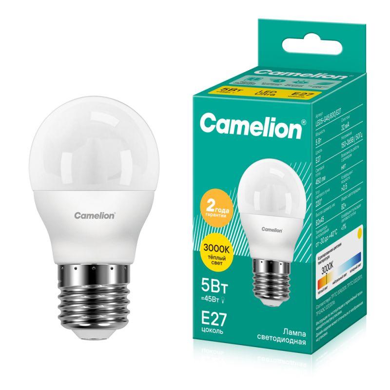 Лампа светодиодная LED5-G45/830/E27 5Вт шар матовая 3000К тепл. бел. E27 410лм 170-265В Camelion 12028