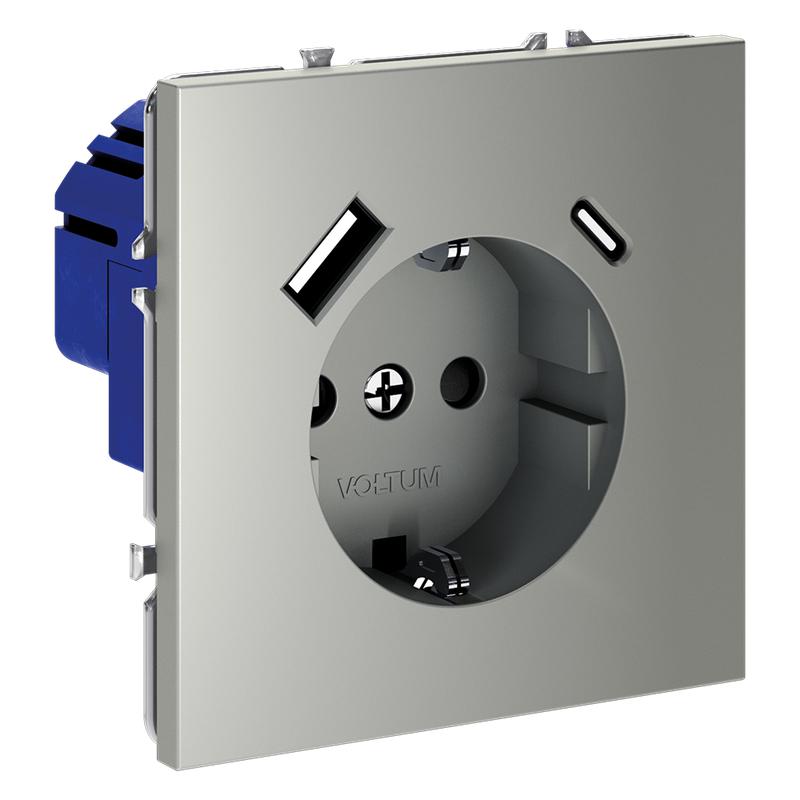 Розетка 1-м СП S70 16А с USB A+С с заземл. защ. шторки механизм сталь Voltum VLS040505