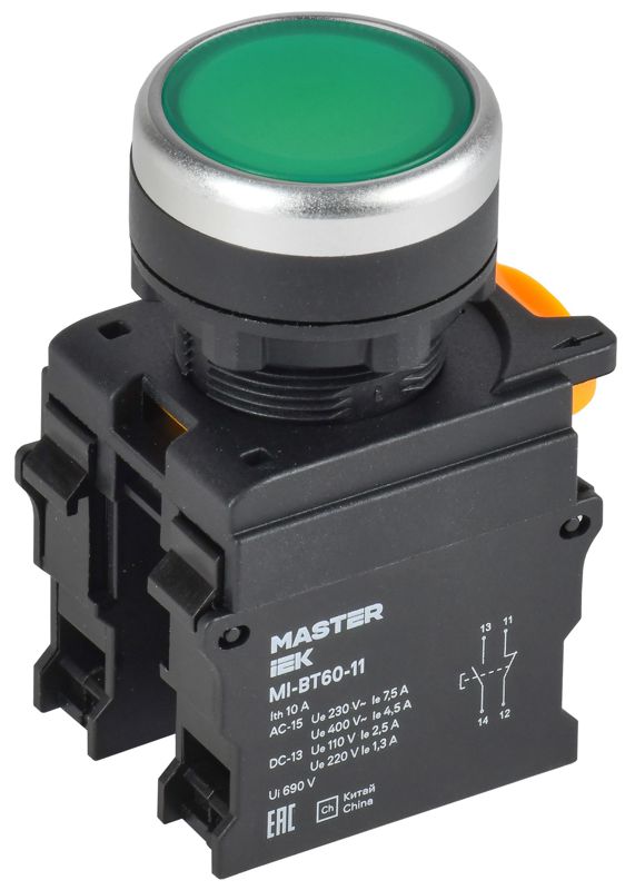 Кнопка d22мм 1НО+1НЗ MASTER зел. IEK MI-BT60-11-3-22-K06