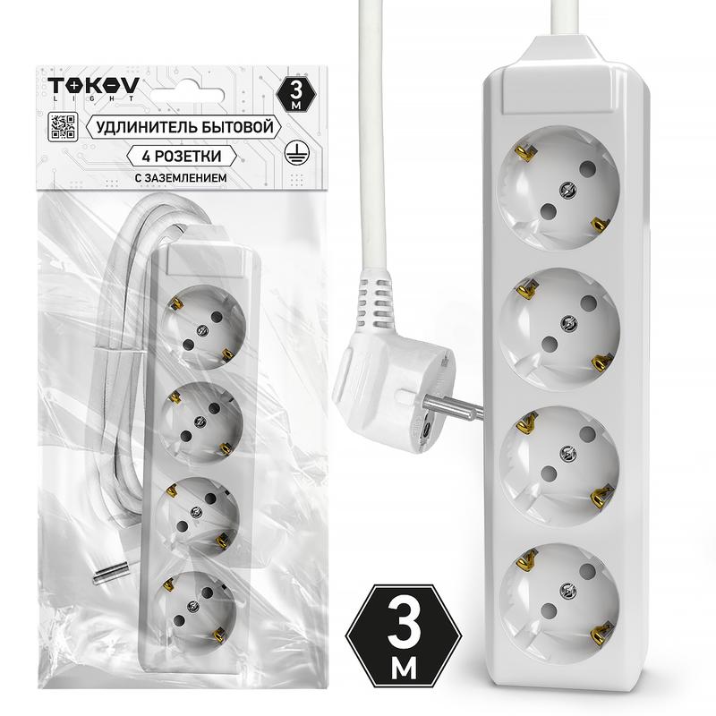 Удлинитель 4х3м с заземл. 10А 3х1.5 TOKOV ELECTRIC TKL-C01-BU4-3-1.5-Z