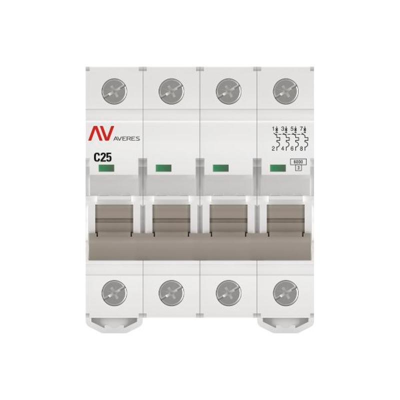 Выключатель автоматический четырехполюсный AV-6 25А C 6кА AVERES | mcb6-4-25C-av | EKF