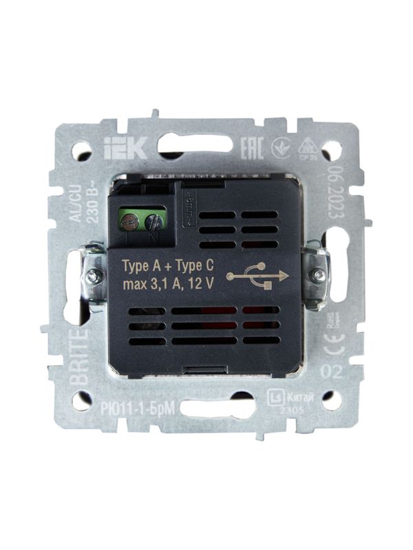 Розетка BRITE USB A+C 18Вт РЮ11-1-БрЧ механизм черн. IEK BR-U22-018-K02