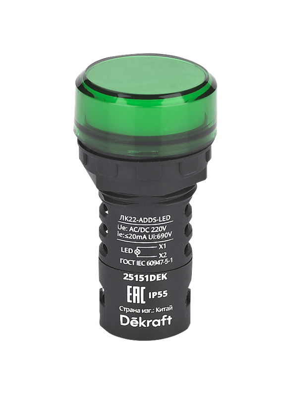 Лампа коммутационная ADDS D22 LED зеленая 220В AC/DC ЛK-22 IP55 | 25151DEK | Dekraft