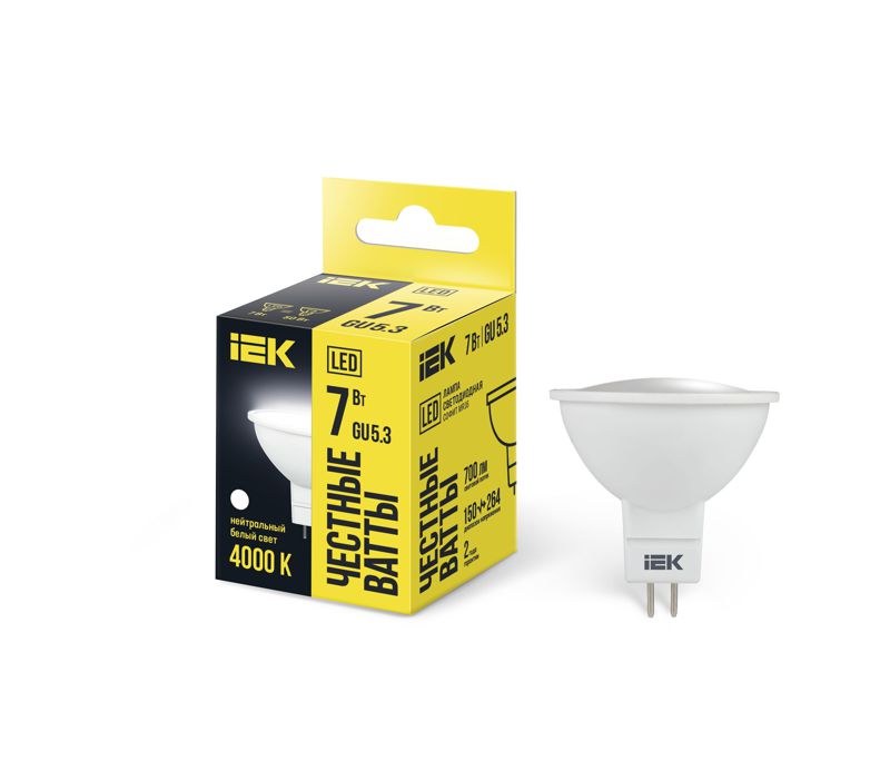 Лампа светодиодная 7Вт MR16 софит 4000К нейтр. бел. GU5.3 630лм 230-240В IEK LLE-MR16-7-230-40-GU5