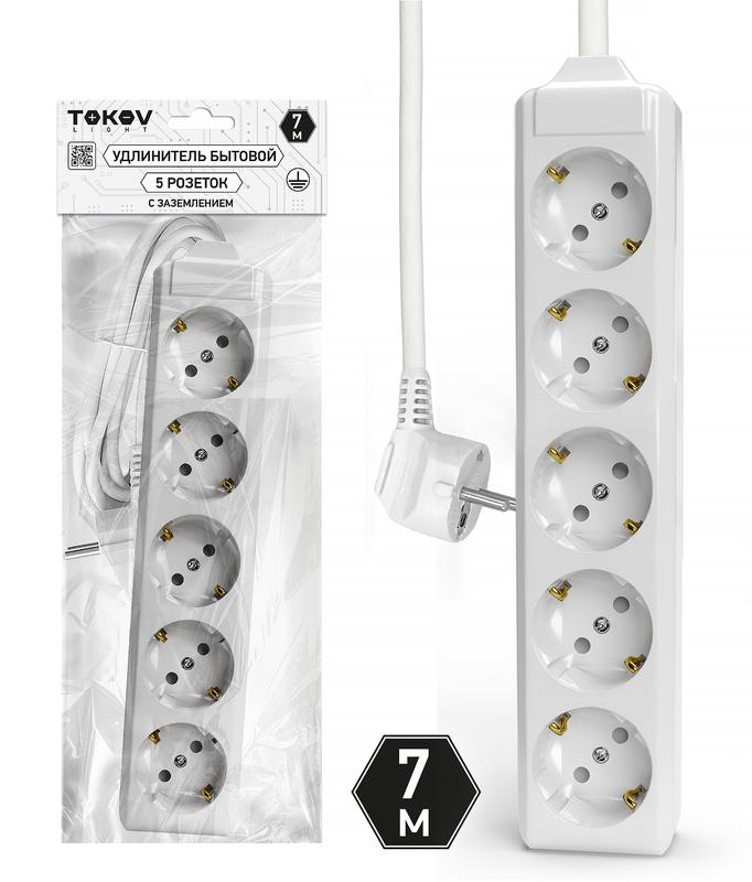 Удлинитель 5х7м с заземл. 10А 3х1.5 TOKOV ELECTRIC TKL-C01-BU5-7-1.5-Z