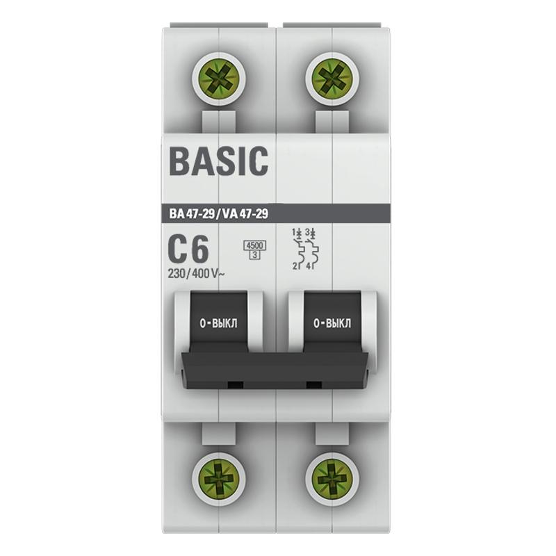 Выключатель автоматический двухполюсный ВА 47-29 6А C 4,5кА Basic | mcb4729-2-06C | EKF