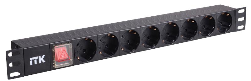 Блок розеток 19 (8шт)PDU с LED выключателем алюминевый профиль 1U ВХОД С14 без шнура | PH12-8D3 | ITK