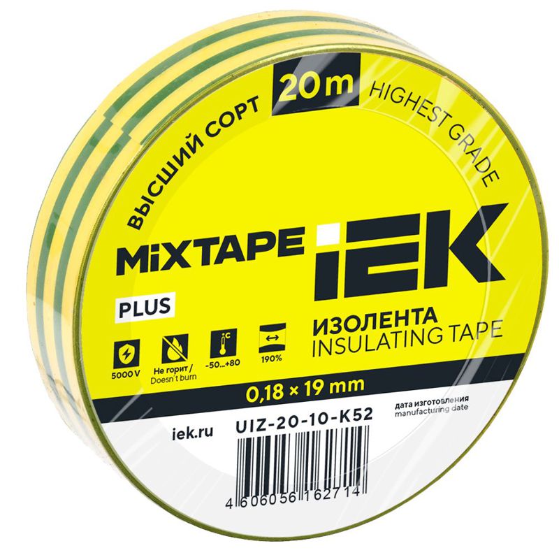 Изолента ПВХ 0.18х19мм желт./зел. (рул.20м) IEK UIZ-20-10-K52