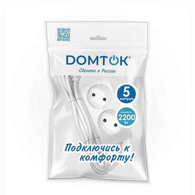 Удлинитель 2х5м без заземл. 10А IP20 2.2кВт ПВС 2х1 бел. DOMTOK 2347