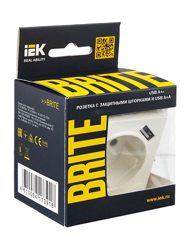 Розетка BRITE РЮш10-2-БрБ 16А с USB A+A 3.1А с заземл. защ. шторки механизм бел. IEK BR-R14-16-U21-D31-K01