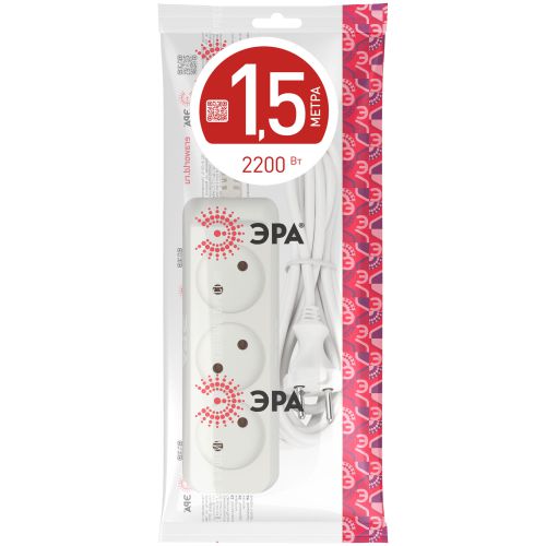 Удлинитель 3х1.5м без заземл. 10А IP20 U-3-1.5m-2х1 ПВС 2х1 Эра Б0028354