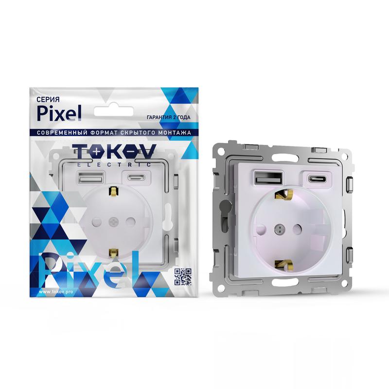Розетка 1-м СП Pixel IP20 с заземл. с 2-мя заряд. устр. USB тип A+C механизм перламутр. TOKOV ELECTRIC TKE-PX-R1U2AC-C04