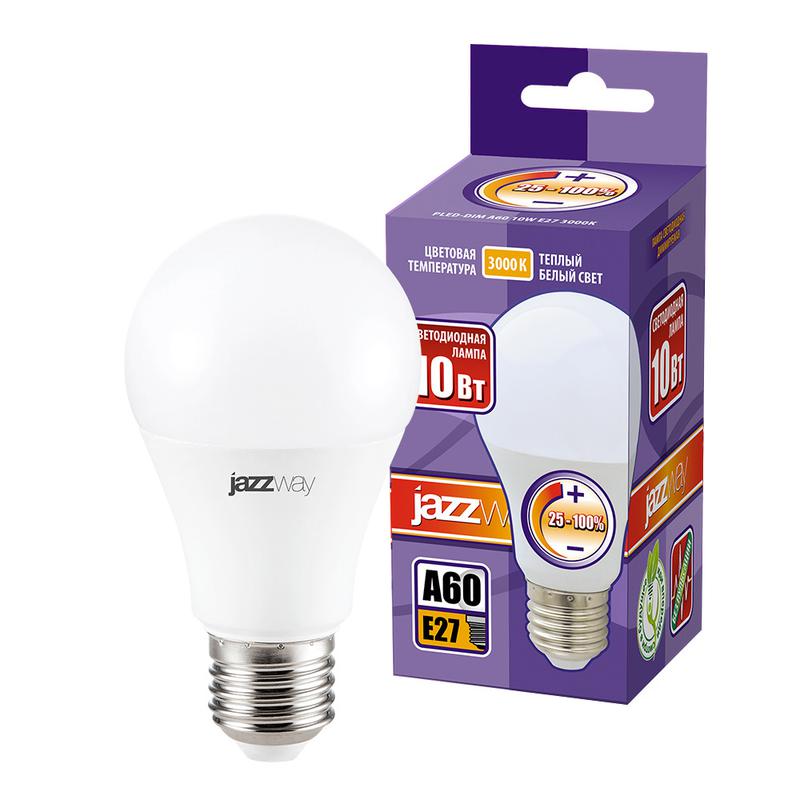 Лампа светодиодная PLED-DIM 10Вт A60 грушевидная 3000К тепл. бел. E27 820лм 220-240В диммир. JazzWay 1028839