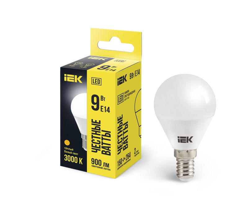 Лампа светодиодная G45 9Вт шар 3000К E14 230В IEK LLE-G45-9-230-30-E14