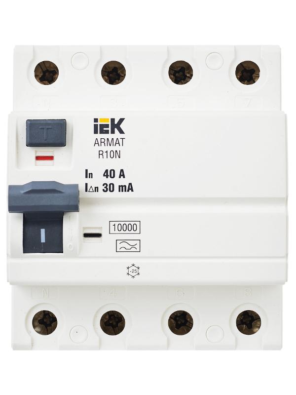 Выключатель дифференциальный (УЗО) R10N 4P 40А 30мА тип A ARMAT | AR-R10N-4-040A030 | IEK