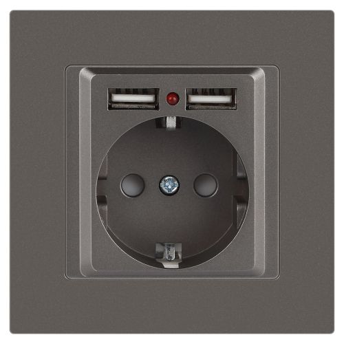 Розетка 1-м СП Accent 6-410-09 16А IP20 250В P+E Schuko + 2хUSB защ. шторки титан Intro Б0063711
