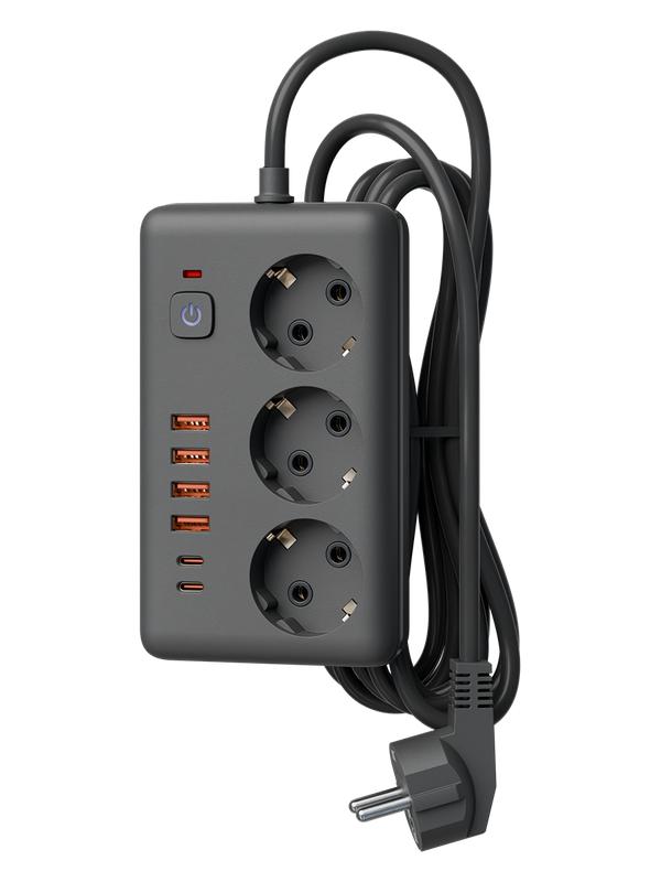 Удлинитель с сетевым фильтром 3х1.5м 10А 4USB + 2USBC 2500Вт ПВС 3х1 прямоуг. черн. КОСМОС FKsm1.5m-3gPF(B)USB