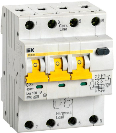 Выключатель автоматический дифференциального тока 4п (3P+N) C 32А 100мА тип A 6кА АВДТ-34 IEK MAD22-