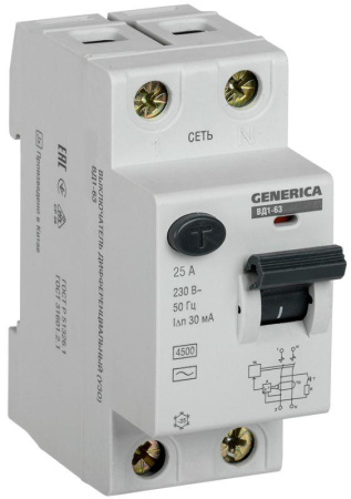 Выключатель дифференциального тока (УЗО) 2п 25А 30мА тип AC ВД1-63 GENERICA ИЭК